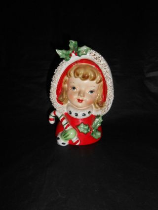 Vintage Lefton Japan Christmas Headvase Candy Cane Holly Spaghetti Girl 1499