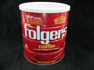 Vintage Folgers Metal Coffee Can 48oz 3 Lbs Tin Mountain Grown Drip Grind W Lid