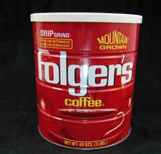 Vintage Folgers mETAL Coffee Can 48oz 3 LBS tIN Mountain Grown Drip Grind w Lid 2