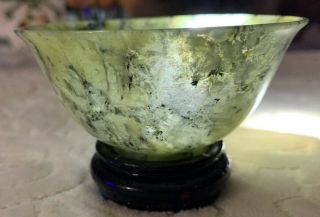 Antique Hand Carved Chinese Spinach Green Nephrite Jade Bowl On Wooden Stand