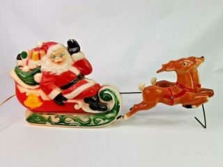 Vintage 1970 Empire Plastic Santa In Sleigh With Reindeer Blowmold Lighted