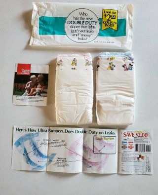 Vintage 1989 Pampers 2 Diaper Sample Pack 1 Boy & 1 Girl Diaper Disney Baby