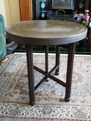 Antique Copper Brass Islamic ?? Table Top With English Oak Folding 4 Leg Base