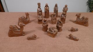 Vintage Mid Century Hand Carved Wooden Nativity Set 17 Figures