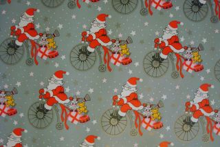 Christmas Wrapping Paper Santa On Tricycle Bicycle 2 Yds X 22 1/2 " Vintage