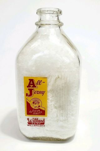 Vintage Willard Dairy All - Jersey Oh Glass Milk Bottle Half Gallon 2 Color Queen