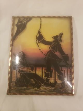 Vntg Reverse Painting Silhouette Convex " Bubble " Glass Wall Art - Pirates And Fl