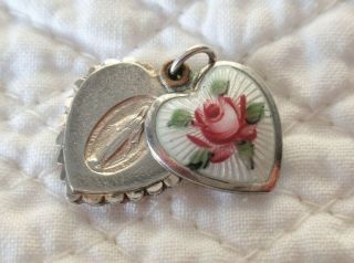 Vtg Sterling Silver Guilloche Enamel Rose Heart Charm Mary Medal Slide Pendant