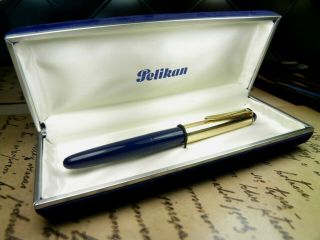 Vintage " Pelikan 25 " Fountain Pen - Rolled Gold & Sapphire Blue - 14k - Germany 1960s