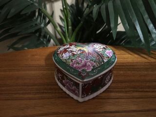 Vintage Japanese Porcelain Trinket Box Japan Peacock and Floral Design 2