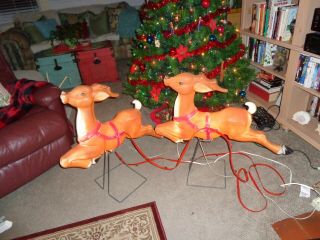 2 Vintage Empire Blow Mold Christmas Reindeer W/ Stands & Strap 30 " Tall
