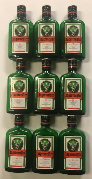 9 Empty Jagermeister 200ml Bottles W/ Caps For Arts & Crafts Emerald Green Glass