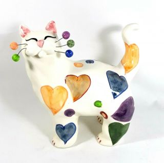 Annaco Creations 2002 - By Lacombe Ceramic Cat Figurine - White W/ Colored Hearts