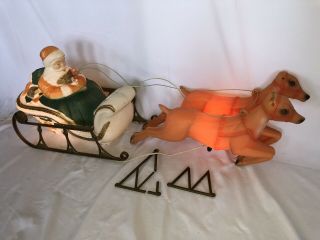 Wow Rare Blow Mold Santa Sleigh Reindeer Unmarked Outdoor Christmas Lighted
