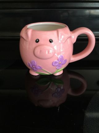 Pier 1 Imports Coffee Tea Mug Cup Pink Pig Lavender Flowers Euc
