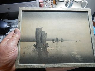Framed Japanese Wood Block Print,  Signed,  Ships At Sea Old Estate