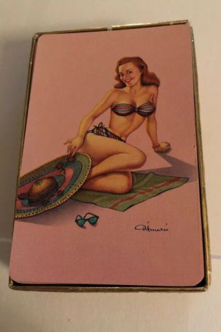 Vintage Duratone Full Deck Of Plastic Coated Pin Up Girl Playing Cards In Case