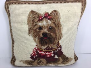Yorkie Yorkshire Terrier Dog Handmade Needlepoint Pillow 10”by 10”