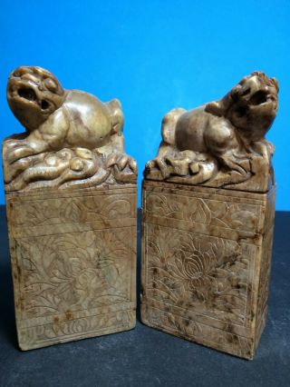 A Good Large Pair Chinese Carved Soapstone Chop Seals,  Chan Chou,  Qing.
