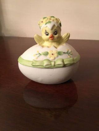 Vintage Lefton Ceramic Easter Baby Chick Egg Trinket Box W/ Pink Flowers