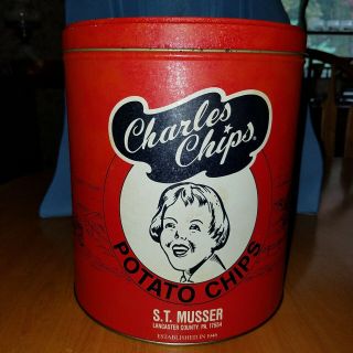 Advertisement Vintage Red Charles Chips St Musser Pa Tin Can 1990 9.  5 " Tall