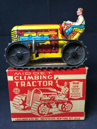 Vintage Marx Tin Wind Up Midget Climbing Tractor W/ Box