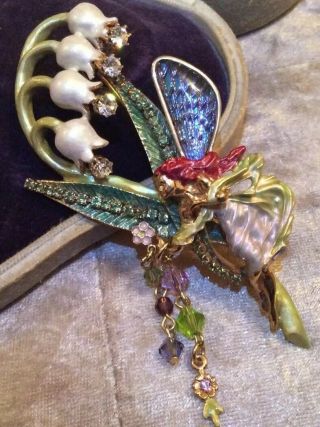 Kirks Folly Jewellery Lily Of The Valley Flower Fairy Enamel Crystal Brooch 2