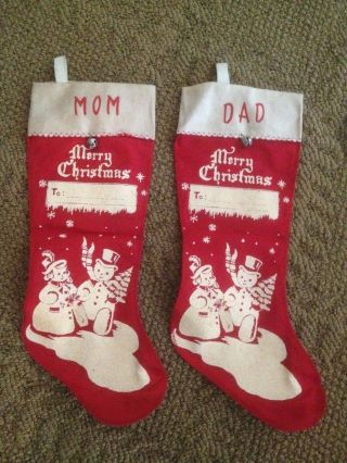 Vintage Felt Christmas Stockings Mr.  And Mrs.  Snowman Glitter Mom And Dad Cool