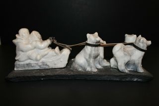 White Soapstone Carving Children Dog Sled Husky Malamute Hand Carved Snowbabies