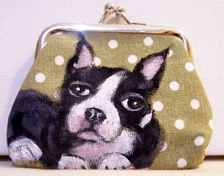 Hand Painted Boston Terrier Dog On Canvas Kiss Lock Coin Purse Gift