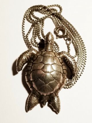 Vintage Oceanic Sterling Silver Sea Turtle Pendant W 24.  5 Inch Chain 8.  7 Grams