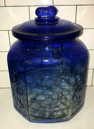 Large 12 " Blue Glass Planters Salted Peanuts Jar With Lid 5 Cents Cookie