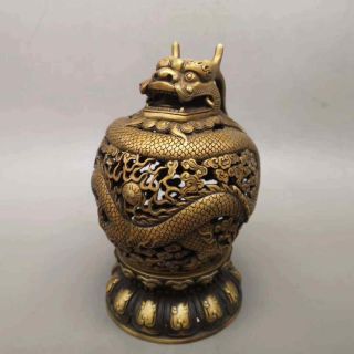 Old Chinese Brass Hand Carved Dragon Incense Burner W Xuande Mark