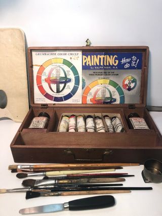 Vintage Grumbacher Oil Paints Set Wood Box Soft Tubes 9 Brushes Turpentine