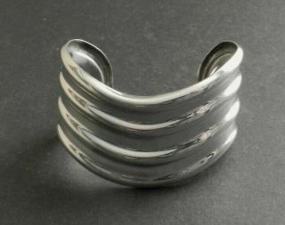Vintage Taxco Mexico Thick Sterling Silver Modernist Cuff Bracelet Signed