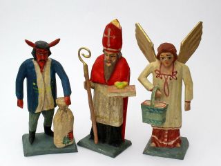 Czech Christmas Nativity Scene Wooden Figures - St.  Nicholaus,  Angel And Krampus
