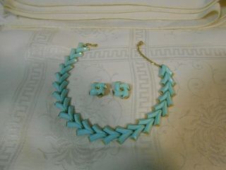 Powder Blue Crown " Trifari " Lucite Necklace And Earring Set
