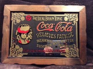 Coca Cola Mirror Sign Vintage Relieves Fatigue Coke Framed Wood Frame