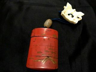 Antique Japanese Inro Netsuke Ojime Wood Red Lacquer Pillbox Sculpture Hawk
