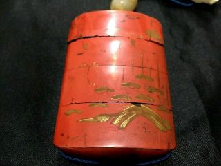 Antique Japanese INRO NETSUKE OJIME wood red lacquer pillbox sculpture hawk 2