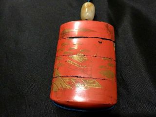 Antique Japanese INRO NETSUKE OJIME wood red lacquer pillbox sculpture hawk 3
