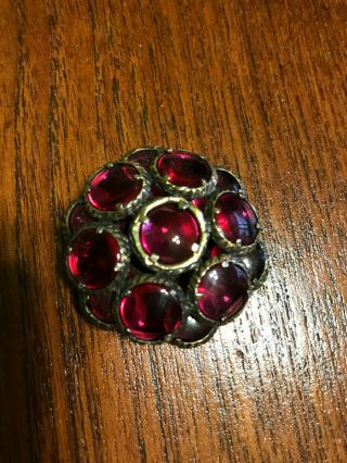 Vintage Crown Trifari Ruby Red Glass Rhinestone Pin Brooch Marked Round Pendant