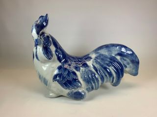 Cobalt Blue White Porcelain Chicken Rooster Figurine 12 Inch Long Farm Country