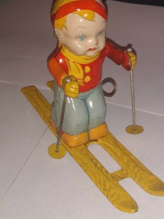 Vintage J.  Chein Tin Litho Wind Up Skiing Skier Toy