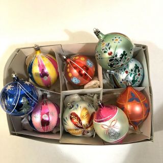 9 Vtg Poland Fantasia Christmas Ornaments Hand Painted Teardrop Ball Glitter