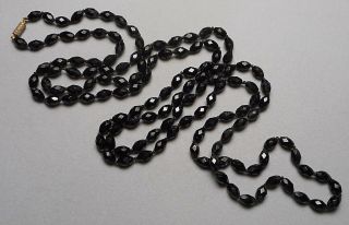 Vintage Art Deco Necklace 60 " Long - Hand Knotted Black Faceted Oval Glass Beads