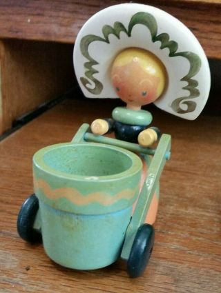 Vintage Erzgebirge? Hand Painted Wooden Lady Pushing Cart Figurine