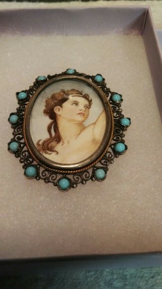Victorian Painted Pretty Lady Portrait Cameo Brooch Pendant - Jeweled 800 Silver