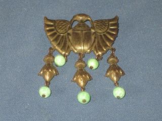 Vintage Art Deco Egyptian Revival Gold - Tone Metal Green Bead Scarab Pin Brooch