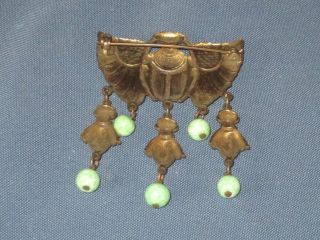 Vintage Art Deco Egyptian Revival Gold - Tone Metal Green Bead Scarab Pin Brooch 2